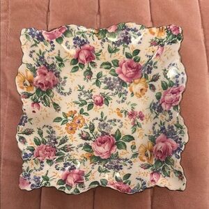 🌸🌸🌸Vintage James Kent Ltd Rose trinket dish square gold trim pink
